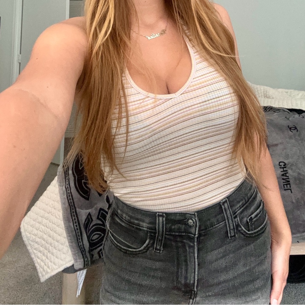 American Eagle White and Tan Striped Tank Top